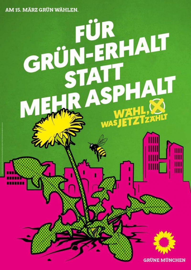 Wahlplakat mit der Aufschrift "Für Grün-Erhalt statt mehr Asphalt"